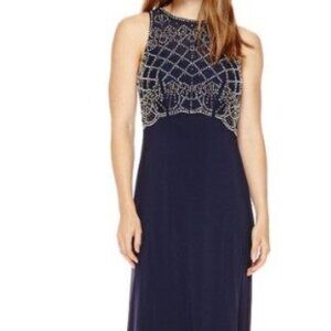 Jackie Jon New York Navy Blue Ladies Sleeveless Gown, Beaded Bodice, size 8